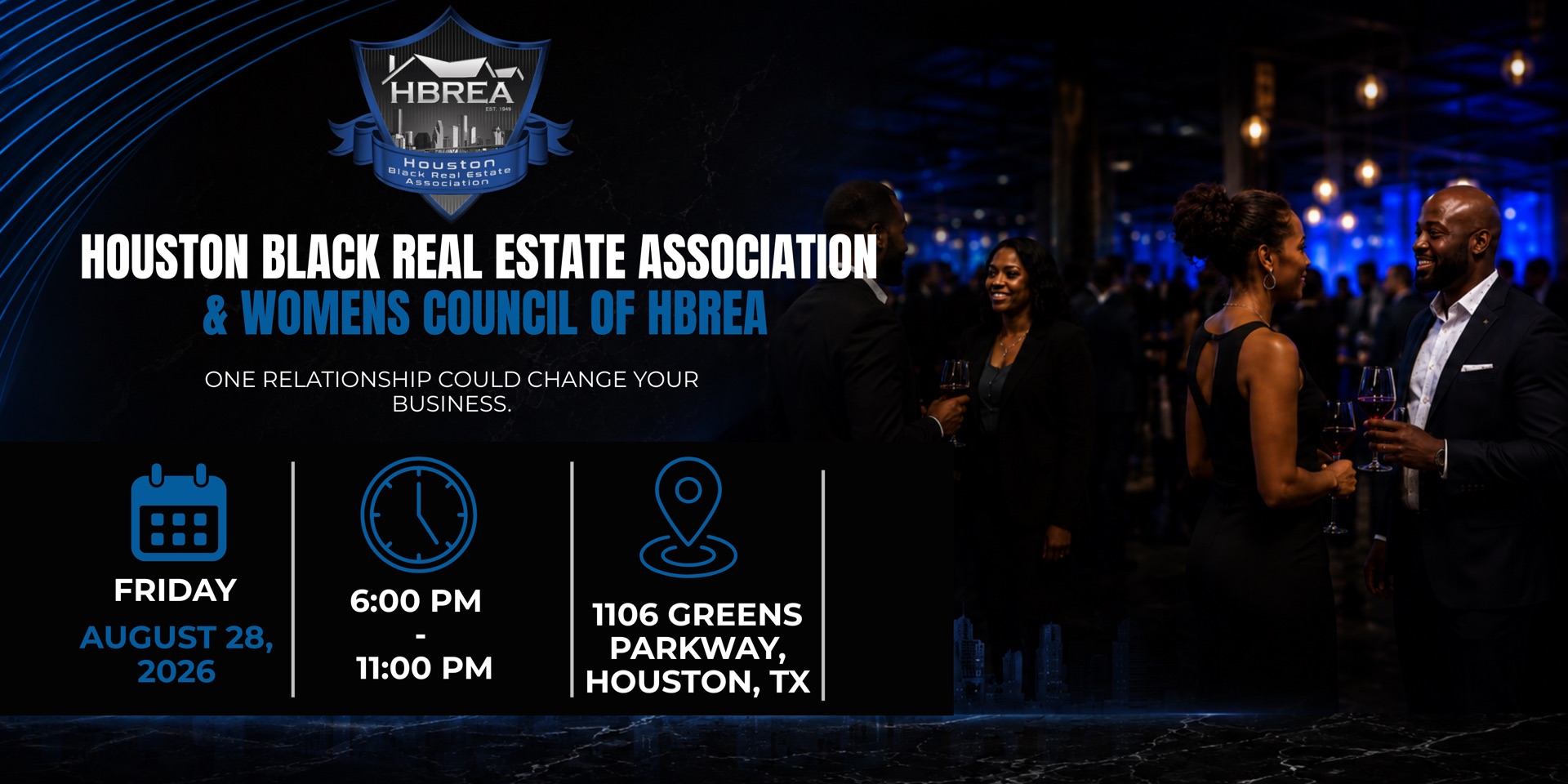 HBREA and Women's Council of HBREA networking social flyer: Friday, August 28, 2026, 6:00 PM to 11:00 PM, 1106 Greens Parkway, Houston, TX